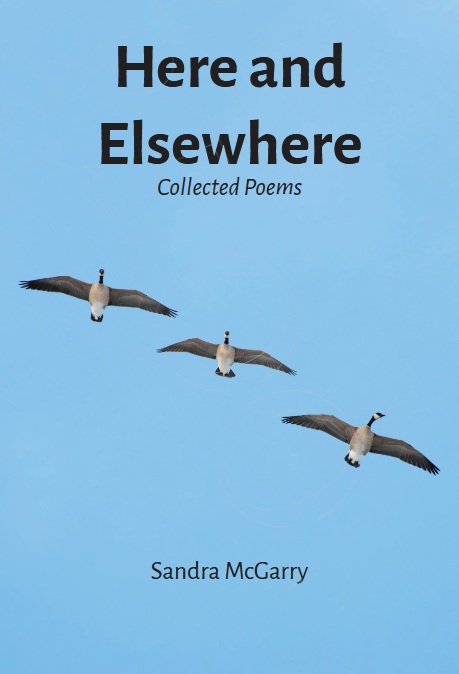 Cover of Here and Elsewhere by Sandra McGarry. Three gees flying against a clear blue sky.