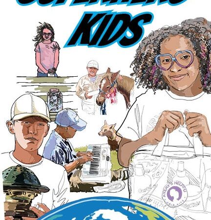 Superhero Kids cover: pen-and-ink portraits of real kids, comic-style title, author name on a globe.